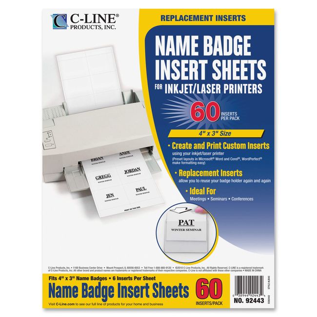 C-Line Replacement Inkjet/Laser Printer White Badge Inserts, 3 x 4 Inches, 6/Sheet, 10 Sheets, 60 Inserts per Pack (92443)