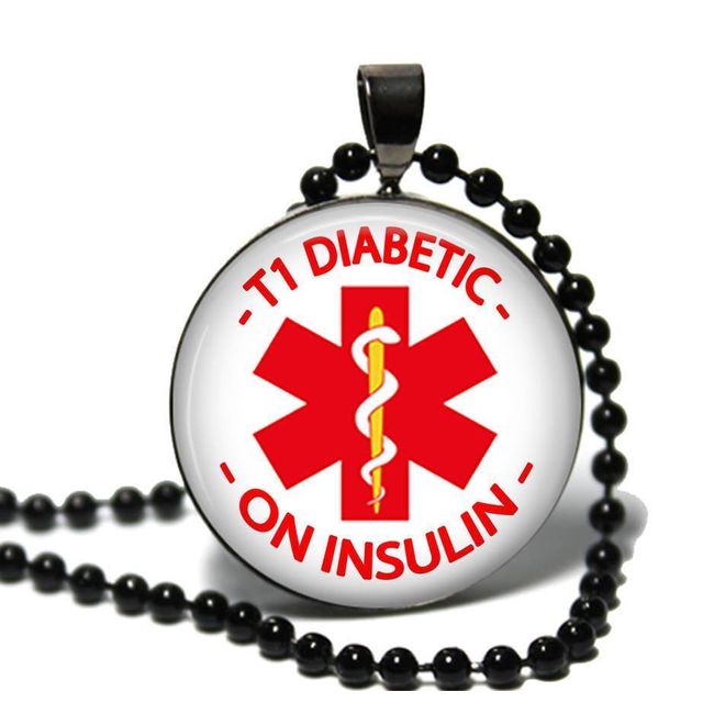 Type 1 T1 Diabetic On Insulin Medical Alert Necklace Glass Top Pendant  & Chain