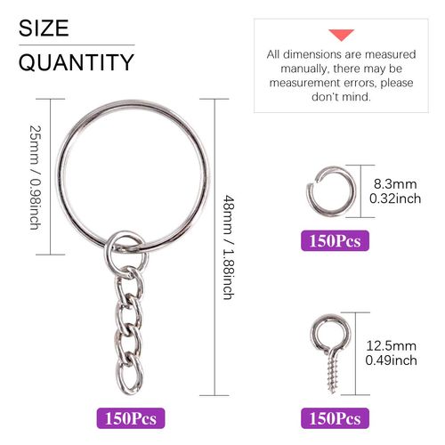 Swpeet 450Pcs 1" 25mm Sliver Key Chain Rings Kit, Including 150Pcs Keychain Rings with Chain and 150Pcs Jump Ring with 150Pcs Screw Eye Pins Bulk for Jewelry Findings Making (Sliver)