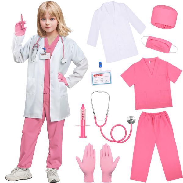 SIZGAROOT Doctor Costume for Kids Toddler Girls Boys Doctor Costume with Lab Coat Halloween Party Dress Up (Pink, 3-4T)