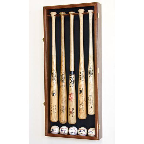 5 Baseball Bat Display Case Cabinet Holder Wall Rack Custom Options 98% UV - Lockable (Walnut Wood Finish, Black Felt - Vertical Mounting)