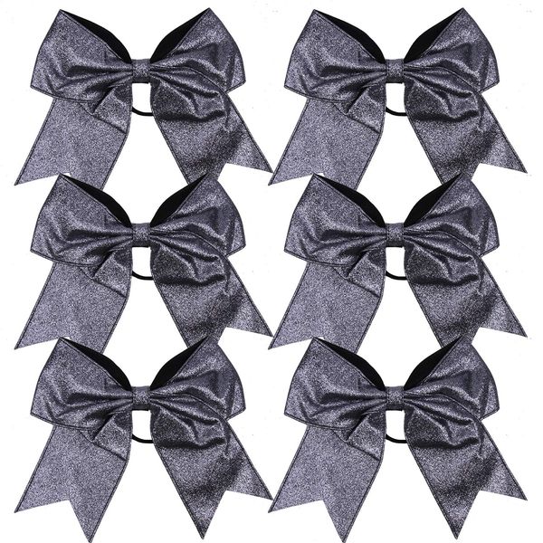 Cheerleader Bows Cheerleading 8 inch Sparkle Glitter Ponytail Holder Hair Tie School for High School College Girl Team Sports 6 Pcs … (Grey)