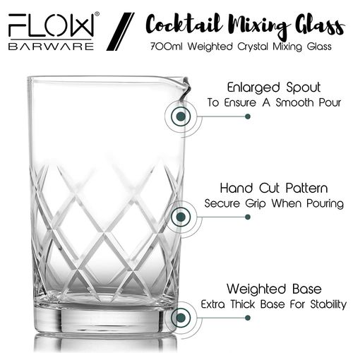 FLOW Barware 700ml Cocktail Mixing Glass | Crystal Mixing Glass with Non-drip Spout & Weighted Base | Seamless Cocktail Mixing Jug Make 3 Cocktails in One | Stirring Glass for Cocktails