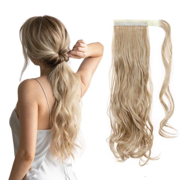 17" Long Curly Wavy Wrap Around Ponytail Clip in Hair Extensions One Piece Hairpiece Magic Tape in Pony Tail Extension for Women Light Ash Brown mix Bleach Blonde