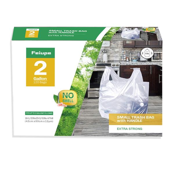 Feiupe Clear Trash Bag with Handle Small Garbage Bag Trash Can Liner,2 Gallon,120 Counts (2 Gallon)