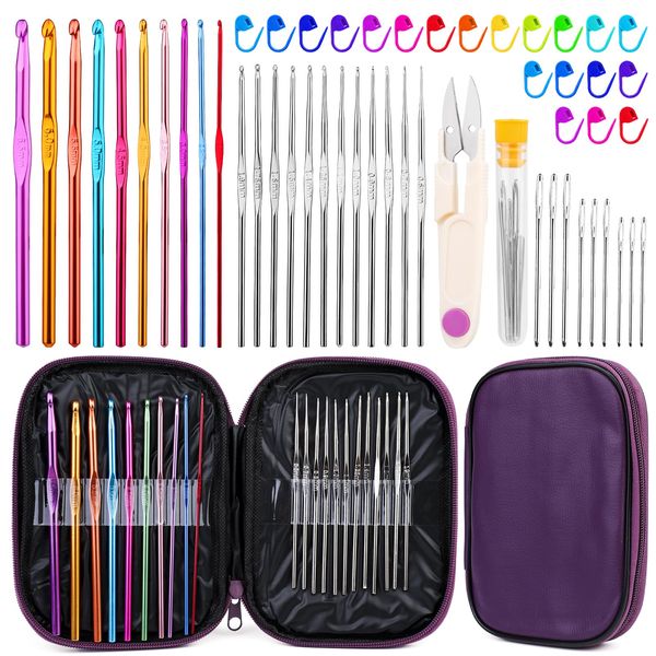 54 Pcs Crochet Needles Set, Crochet Hook Kit with Purple Storage Case, Ergonomic Knitting Needles, Dull Needles, Stitch Markers, DIY Hand Knitting Craft Art Tools, For Beginners