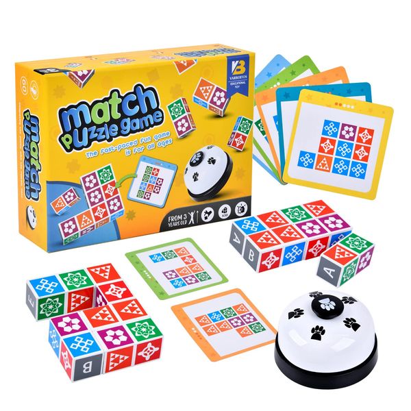 varbertos Wooden Matching Game Puzzle 2.0 Games, Pattern Block Match Puzzles Building Cubes with Bell for Kids and Adults Toys Board Games for Family Night