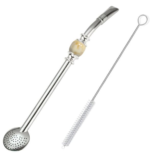 Wiederverwendbarer Bombilla Yerba Mate Strohhalm mit abnehmbarem Löffel Filter - Edelstahl, schöne Perle - Ideal für losen Tee, Kaffee, Cocktails - Inklusive Reinigungsbürste - Tee Zubehör