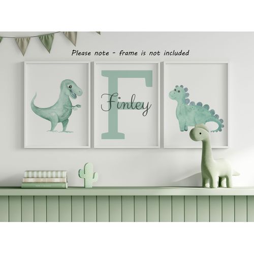 Dinosaurs Set of 3 Unframed Personalised Poster Prints for Baby Boy Girl Nursery Bedroom, New Baby Gift Present Dino Baby Shower in Blue Green Pink, Nursery Wall Art (A4)