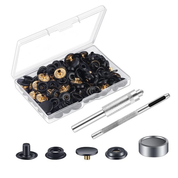 25 Sets Press Studs Cap Button, MSDADA Stainless Steel Snap Fasteners Kit with Hand Fixing Tools, Instant Metal Buttons No-Sew Clips Snap for Bags, Jeans, Clothes, Fabric, Leather Craft(Black)