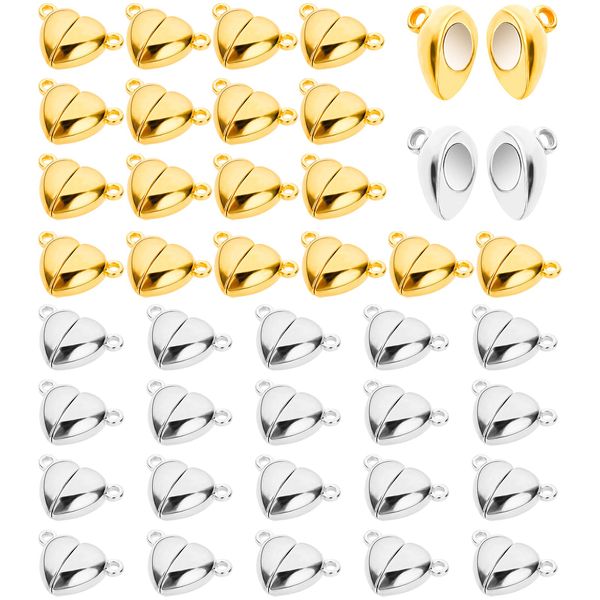 Thinp 40 Pieces Magnetic Necklace Clasps and Closures, Heart Shaped Magnetic Clasps for Jewelry Making Bracelet Clasps and Closures for DIY Bracelet Necklace Jewelry Accessories(Gold, Silver)