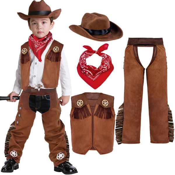 Spooktacular Creations Halloween Cowboy Costume for Boys, Kids Cowboy Costume Set, Brown Western Style Cowboy Outfit with Cowboy Hat for Toddler Dress-up, RolePlay Party (3T (3-4 YRS))