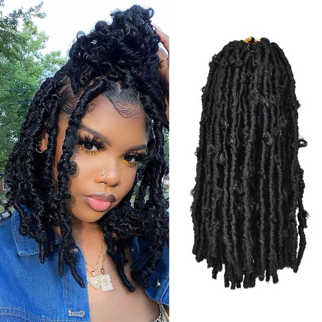 ISWEET Butterfly Locs Crochet Hair 8 Packs 96 Strands - 12 Inch #1B Short Soft Handmade Distressed Synthetic Braids Pre Looped Locs Crochet Hair for Black Women