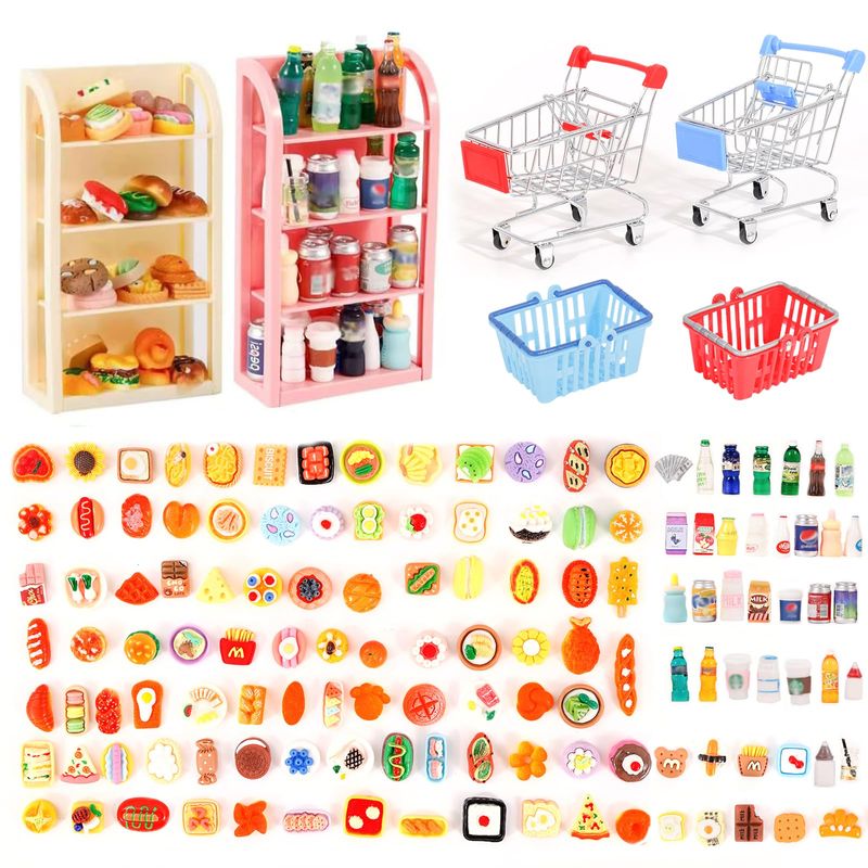 138 PCs Mini Shopping Cart Basket Miniature Food Drink Bottle Superm