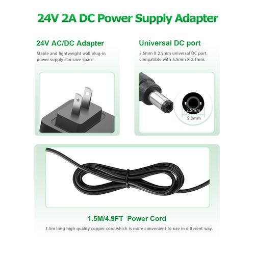 Arkare 24V 2A Power Supply Adapter 48W 4.9FT 100V-240V AC to DC 24 Volt Power Adapter 2A 1A 500mA 24V AC/DC Charger 5.5x2.5mm/2.1mm Barrel Plug for COB LED Strip CCTV Camera Printer with DC Female Tip
