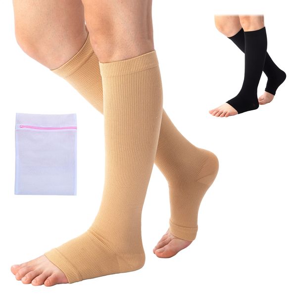 Medical Compression Socks Varicose Knee Vein Blood Flow Open Teo Support Flight Stockings Strengthen Breathable Material Beige - L/XL