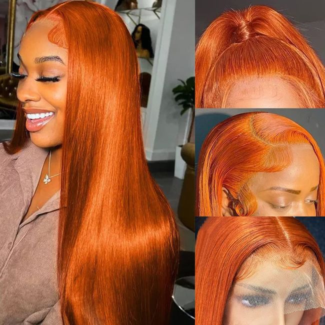 Ginger Orange Lace Front Wigs Human Hair Pre Plucked Straight 13x4 HD Lace Frontal Human Hair Wigs Ginger Wig Lace Front Human Hair with Baby Hair 180% Density Ginger Human Hair Wig 22 Inch