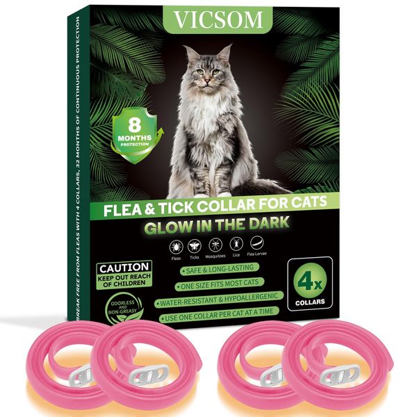 VICSOM Collar for Cats Repellent, Luminous Safety Glow Cats Collar, Built-in Plant-Based Formula, 8 Months Protection Waterproof Adjustable Natural Repellent Collar for Kittens Cats 4Pc Pink