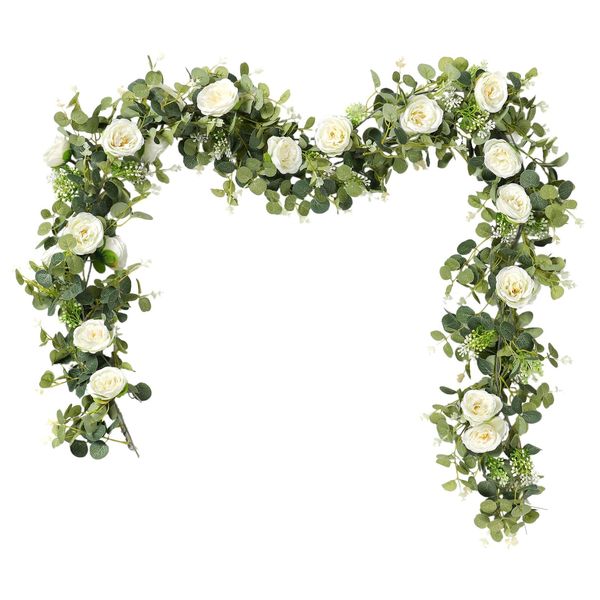 SOMYTING 2pcs Artificial Rose Vine Eucalyptus Garland with White Flowers Seeded 6.56Ft Arch flowers Eucalyptus Leaves Floral Garland Hanging Rose Ivy for Wedding Arch Party Home Decor