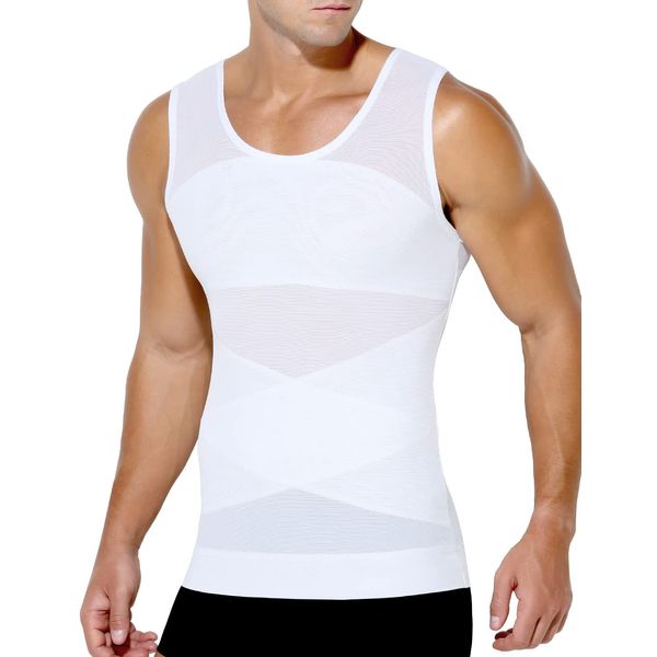 Arjen Kroos Men's Body Shaper Compression Mesh Tank Top Undershirts Shapewear,WHITE-ML4005,XL