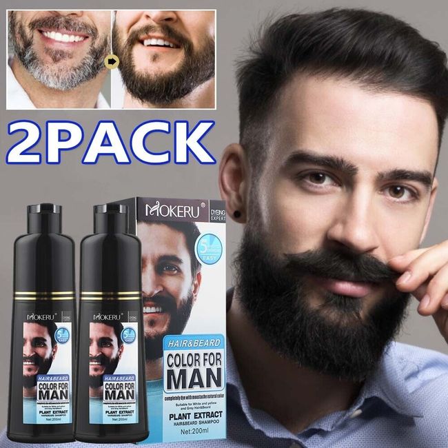 2PCS Men Beard Mustache Dye Natural Hair Color Shampoo Permanent Black Dye 200ML