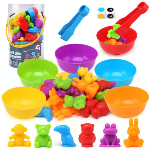 LEADSTAR Montessori Counting Toys, 46pcs Rainbow Counting Animals with Matching Bowl Dices and Tweezers, Montessori Sorting Toys Perfect Math Skills Games Educational Toys Gifts for 3 4 5 6 Years Old