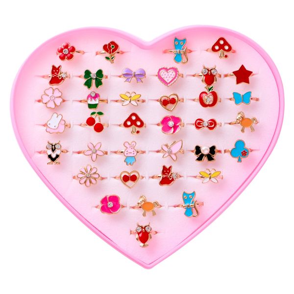 36pcs Little Girl Jewel Rings for kids,Adjustable,girl accessories,No Duplication Kids Play Rings in Box,Pretend Play and Dress Up Jewelry with Heart Shape Display Case,Birthday Age for 3-12