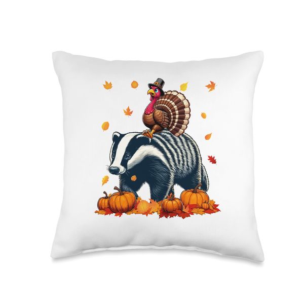Turkey Riding Badger Thanksgiving Fall Leaves Pumpkins Throw Pillow