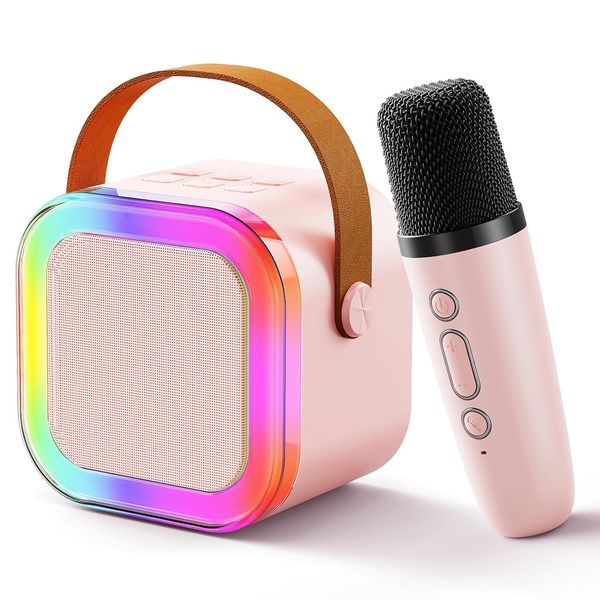 Uluck Mini Karaoke Machine for Kids & Adults,Portable Bluetooth Speaker with 1 Wireless Karaoke Microphone,Music Toys Christmas Birthday Gifts for Girls & Boys 4,5,6,7,8,9,10,11,12 Year Old (Pink)