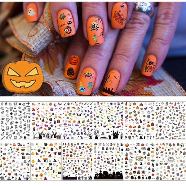 1500+ Patterns Halloween Nail Art Stickers Decals, EBANKU 3D Self-Adhesive Nail Sticker,Halloween Pumpkin Spider Bat Grave Manicure Sticker for Women Nail Art Decorations (12 Sheets)