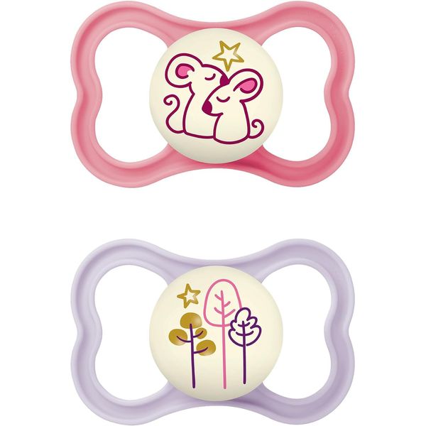 MAM Air Night Soothers 16+ Months (Pack of 2), Glow in the Dark Baby Soothers with Self Sterilising Travel Case, Newborn Essentials, Pink, (Designs May Vary)