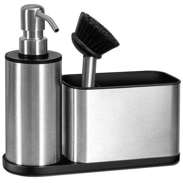 OriwarE Kitchen Sink Caddy with Soap Dispenser, Multi-Purpose Liquid Dish Soap Dispenser with Brush and Stainless Steel Sponge Holder