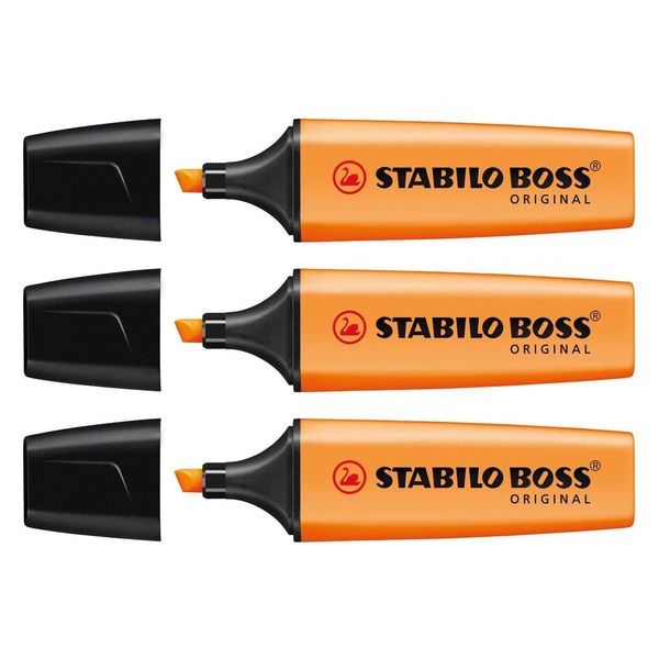 STABILO Boss Original Refillable Highlighter Pack of 3 - Chisel Tip 2-5 mm - Orange