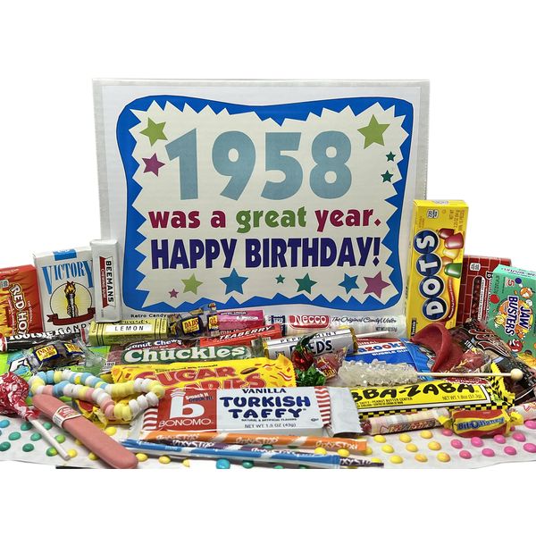 RETRO CANDY YUM ~ 1958 65th Birthday Gift Box Nostalgic Candy Assortment from Childhood for 65 Old Man or Woman Born 1958