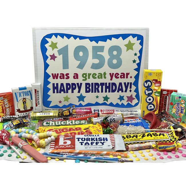 RETRO CANDY YUM ~ 1958 65th Birthday Gift Box Nostalgic Candy Assortment from Childhood for 65 Old Man or Woman Born 1958