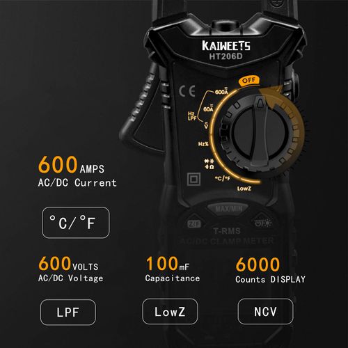 KAIWEETS HT206D Digital Clamp Meter T-RMS 6000 Counts, Multimeter Voltage Tester Auto-ranging, Measures Current Voltage Temperature Capacitance Resistance Diodes Continuity Duty-Cycle (AC/DC Current)