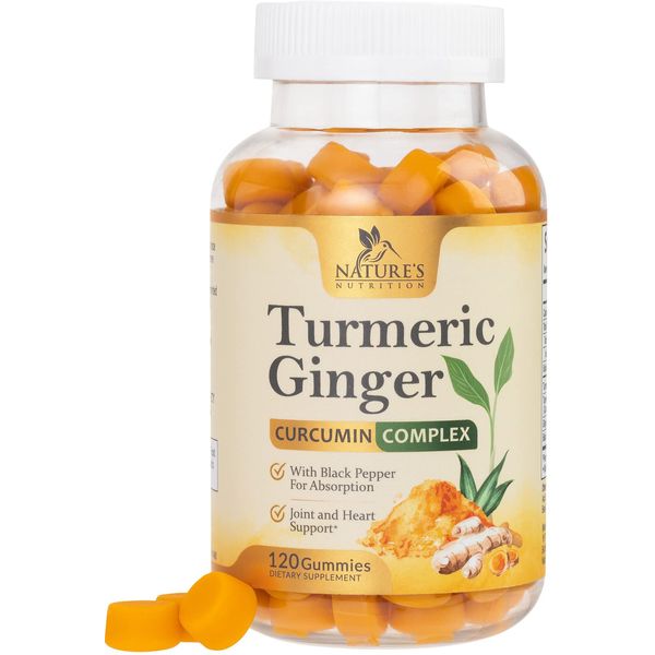 Turmeric Ginger Gummies - Vegan Turmeric Curcumin Gummy with 95% Curcuminoids - Black Pepper for Max Absorption, Natural Joint Support Supplement, Nature's Tumeric Extract, Peach Flavor - 120 Gummies