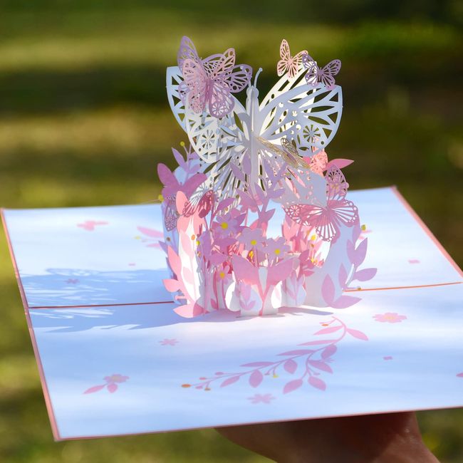 DAO XIANG Birthday Card, Message Card, Greeting Card, 3D Card, Birthday Card, Pop-up Card, Valentine's Day, Gift Card, Birthday Card, Adult, Stylish, Pink Butterfly, 7.9 x 6.3 inches (20 x 16 cm)