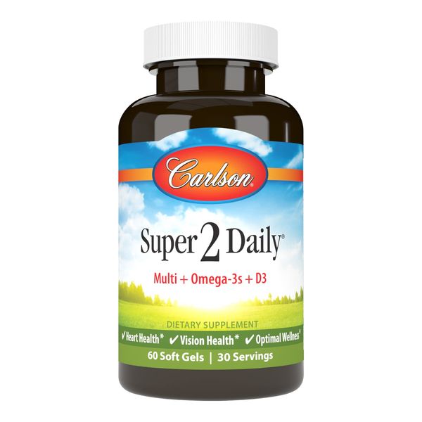 Carlson - Super 2 Daily, Multi + Omega-3s + Lutein + D3, Heart & Vision Health, Optimal Wellness, Daily Multivitamin with Omega-3s and Lutein, 60 Softgels