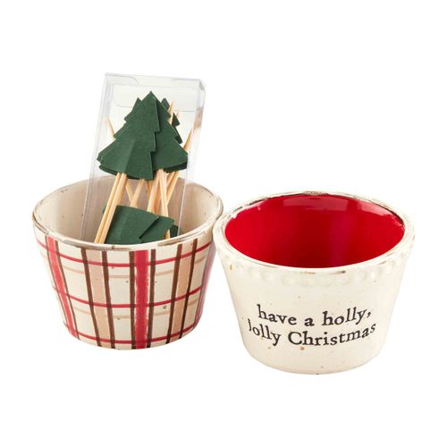 Mud Pie Tidbit Bowl Set, ramekin 2" x 3" dia | toothpick 3", Holly Jolly