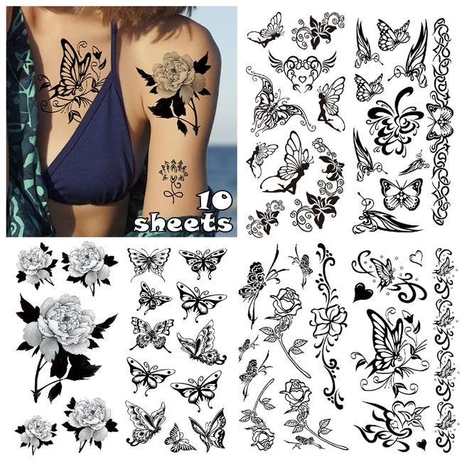 LEADTEAM Fake Tattoos Frauen, 10 Blätter Temporäre Tattoos 3D Schmetterling Tattoo Arm Tattoo Klebe Tattoo, Tattoo Aufkleber Klebetattoos Erwachsene Tatoos Aufkleben Damen Tattoo Festival