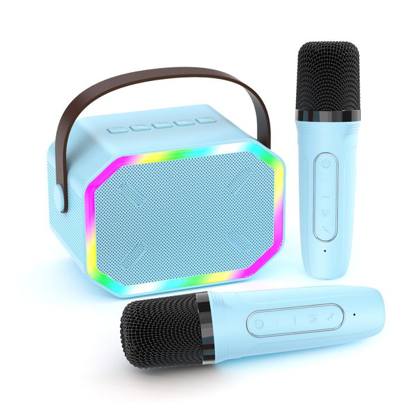 Mini Karaoke Machine for Kids, Portable Bluetooth Karaoke Speaker with 2 Wilreless Microphones and Led Lights for Home Party, Birthday Gifts for Girls Ages 4 5 6 7 8 10+ Years Old (Blue-2 Mic)