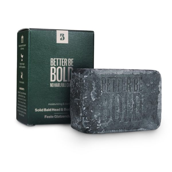 BETTER BE BOLD Feste Duschpflege für Körper & Glatze | Entspricht 3 Duschgels | Plastikfrei | Mit Aktivkohle und BIO Kokosöl | Aquatisch zitrischer Duft | pH-balanced | Feste Glatzendusche | 110g (1)