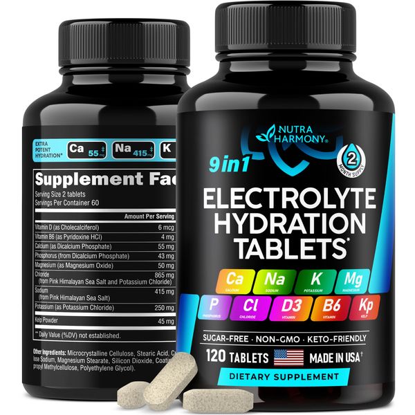 Electrolytes - Salt Pills with Magnesium, Potassium Chloride, Sodium, Vitamins D & B6, Kelp Powder - Electrolyte Supplements - Made in USA - Oral Tablets as Capsules - Vegan & Keto Friendly - 120 Tabs