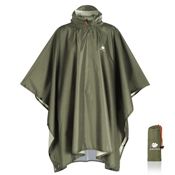 Anyoo Waterproof Rain Poncho weight Reusable Hiking Rain Coat Jacket with Hood for Boys Men Women Adults, 1 Army Green,