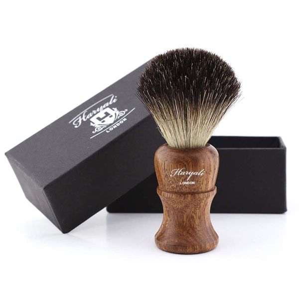 Haryali London Men's Shaving Brush with Pure Black Badger Hair Bristles & Wood Handle for Beard & Moustache Facial Hair Shave Gift