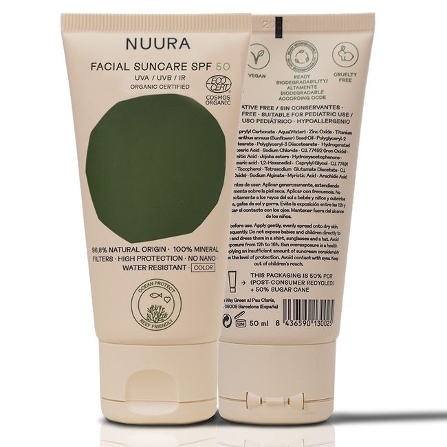 NUURA Facial Sun Protection mit Farbe - Organic Certified Ecological - Vegan - Ozean und Riff Respekt - Ökologische Verpackung - Grausamkeit frei - SPF 50+ UVA/UVB/IR [50 ml]