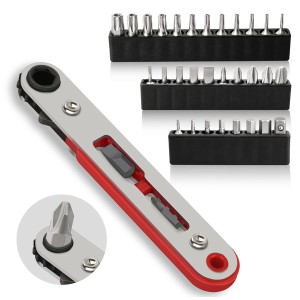 Hakkin Ratchet Screwdriver 1/4” Mini Ratchet Wrench High Torque Offset Reversible Mini Ratcheting Offset Screwdriver with 33Pcs Screwdriver Bits Set Right Angle Screwdriver for Tight Space Operation