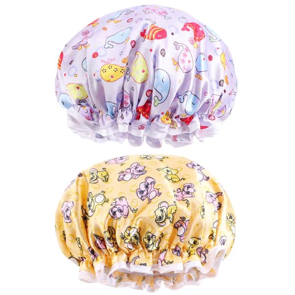 2 PCS Bath Caps Elastic Band Double Layers Waterproof Shower Caps With Ruffled Edge Covering Ears Keeping Hair Dry, Reusable Childs Shower Hats