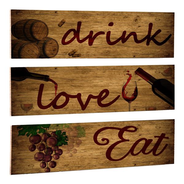 3 Pieces Red Wine Wall Art Wooden Barrel Wall Plaque Love,Eat,Drink Wood Signs Food Kitchen Decor Fruit Grape Wall Decor Retro Wine Cup/Bottle Picture for Dining Room Wine Cellar Artwork （Wood)